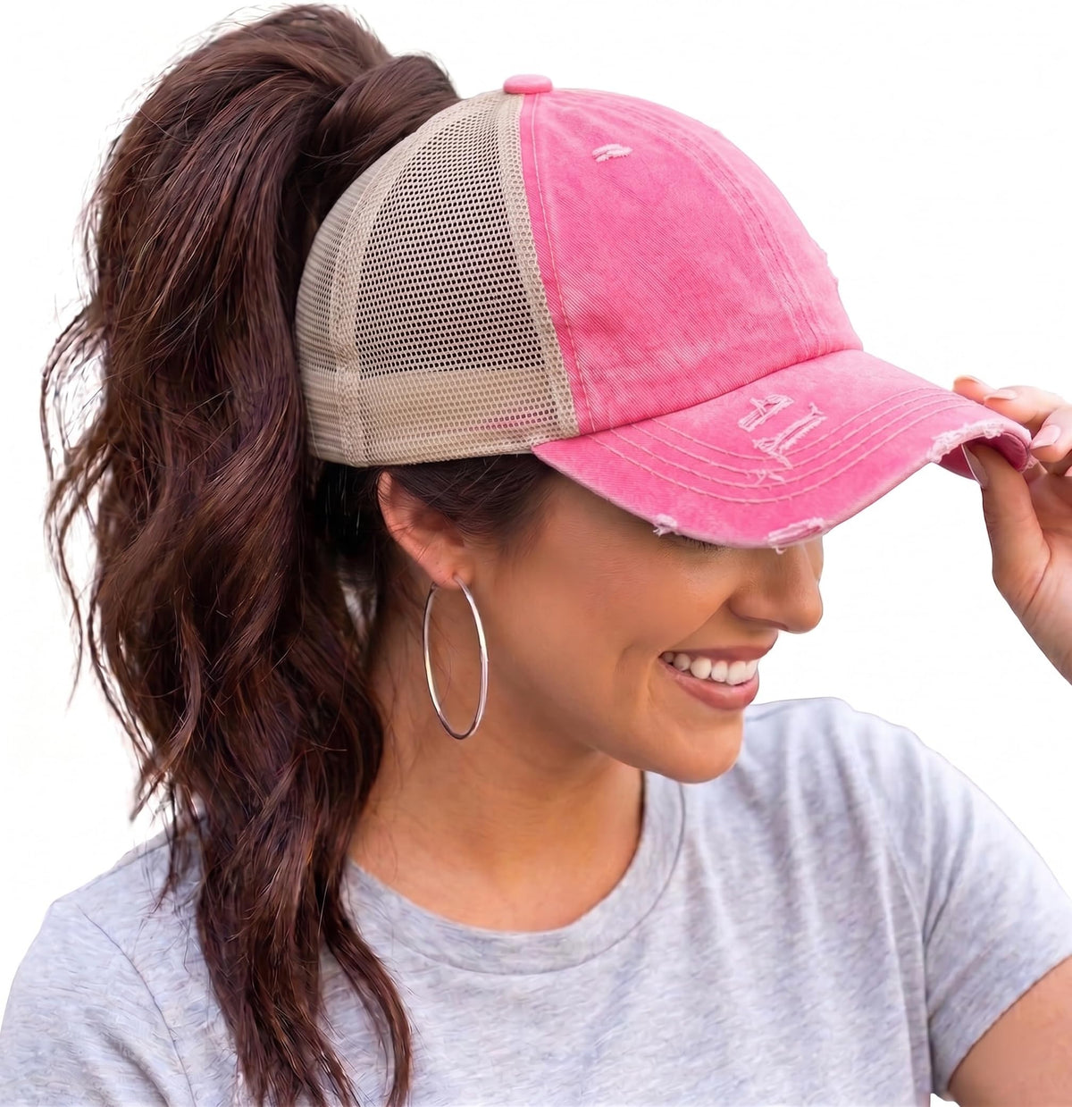 Funky Junque Ponytail Hat for Women - Baseball Cap with Adjustable Fit & High Pony Tail Criss Cross Back for Everyday Wear