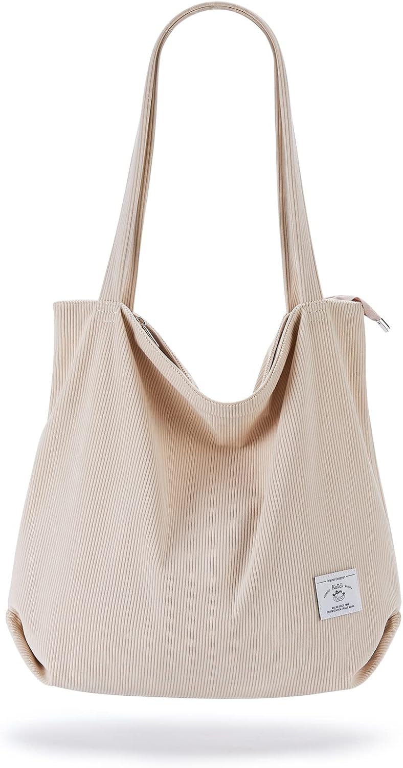 KALIDI Women Corduroy Tote Bag Zipper Casual Tote's Handbag Big Capacity Shoulder Bag with Pockets