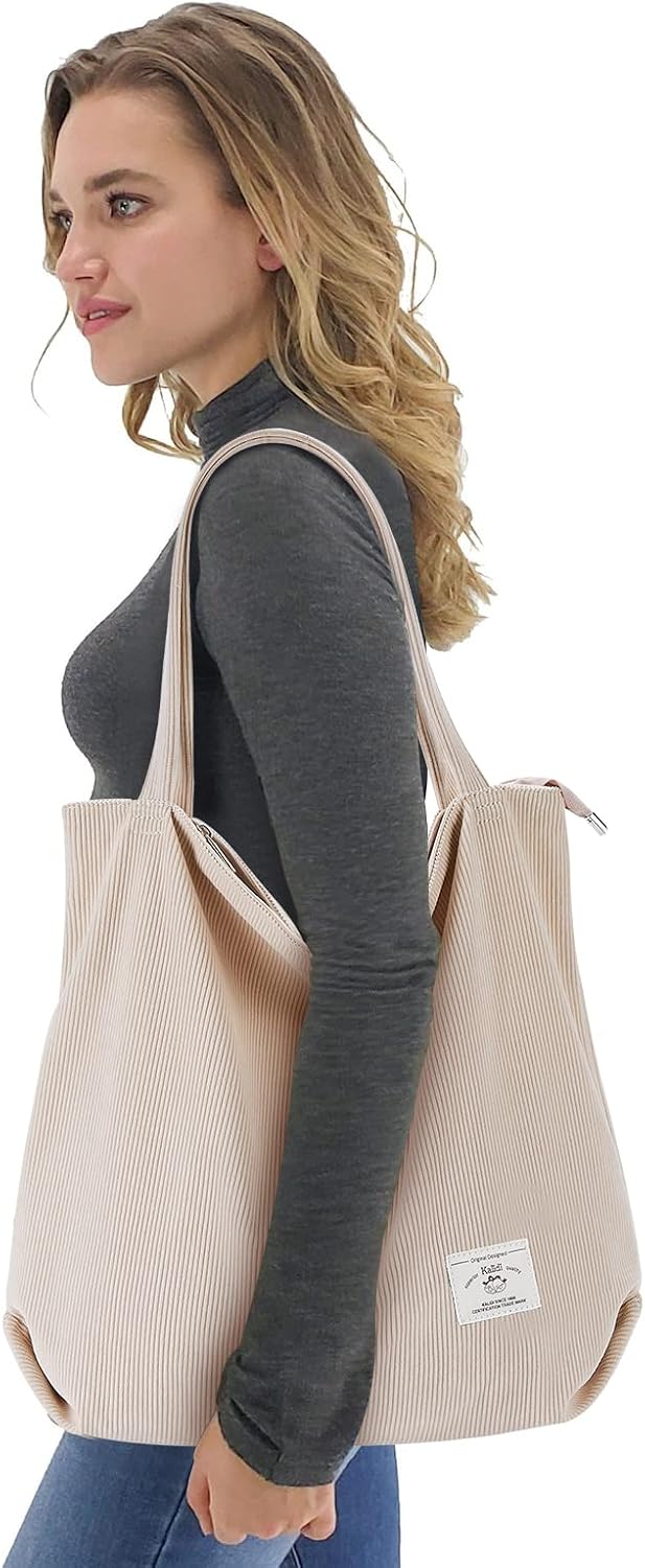 KALIDI Women Corduroy Tote Bag Zipper Casual Tote's Handbag Big Capacity Shoulder Bag with Pockets