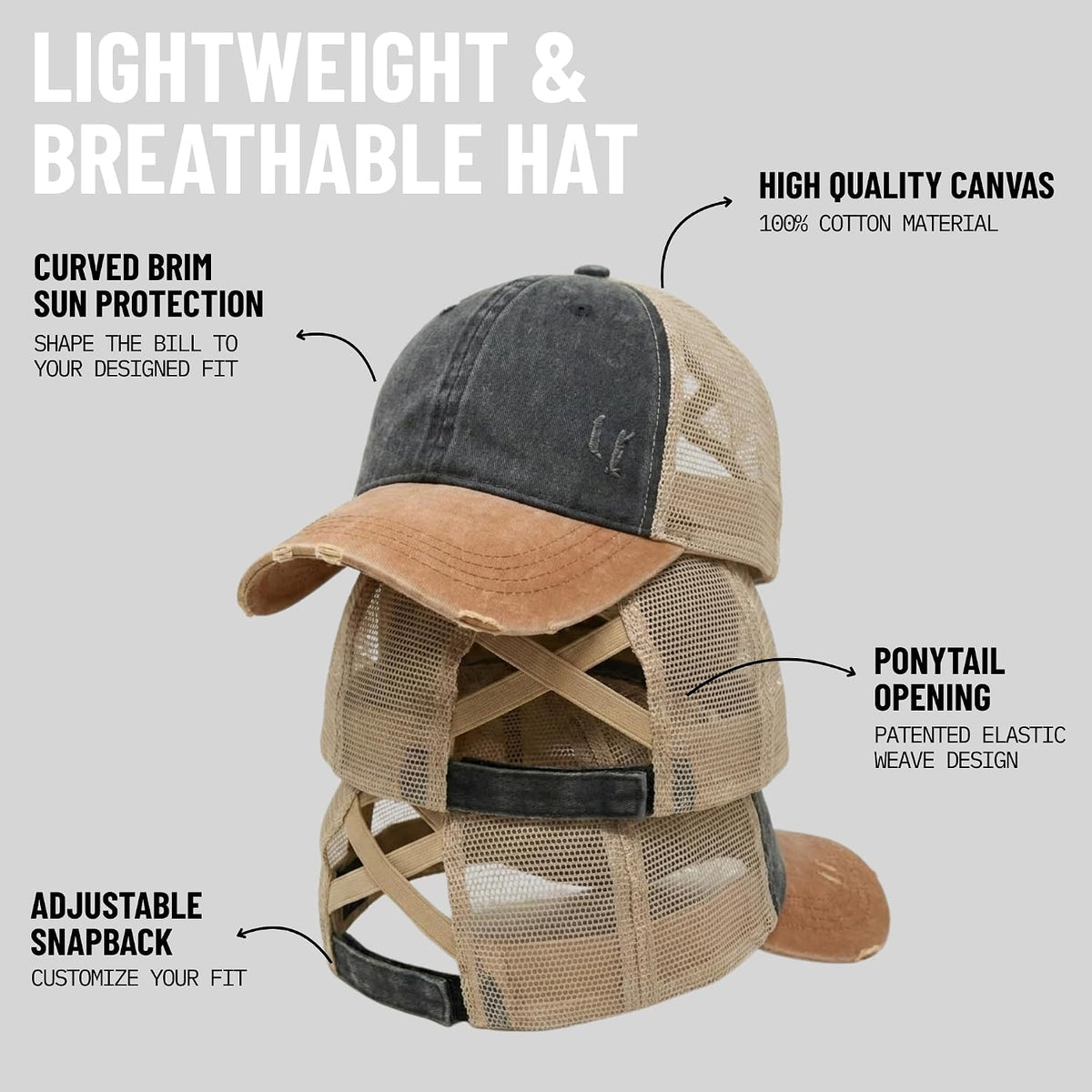 Funky Junque Ponytail Hat for Women - Baseball Cap with Adjustable Fit & High Pony Tail Criss Cross Back for Everyday Wear