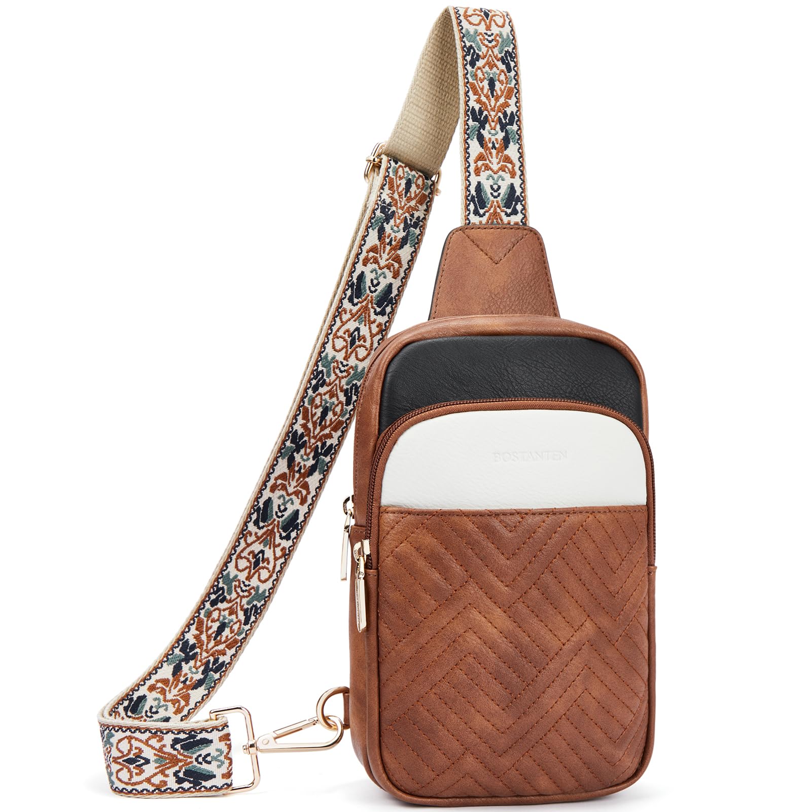 BOSTANTEN Sling Bag Quilted Crossbody Bags for Women Cross Body Purse Leather Fanny Pack with Adjustable Guitar Strap