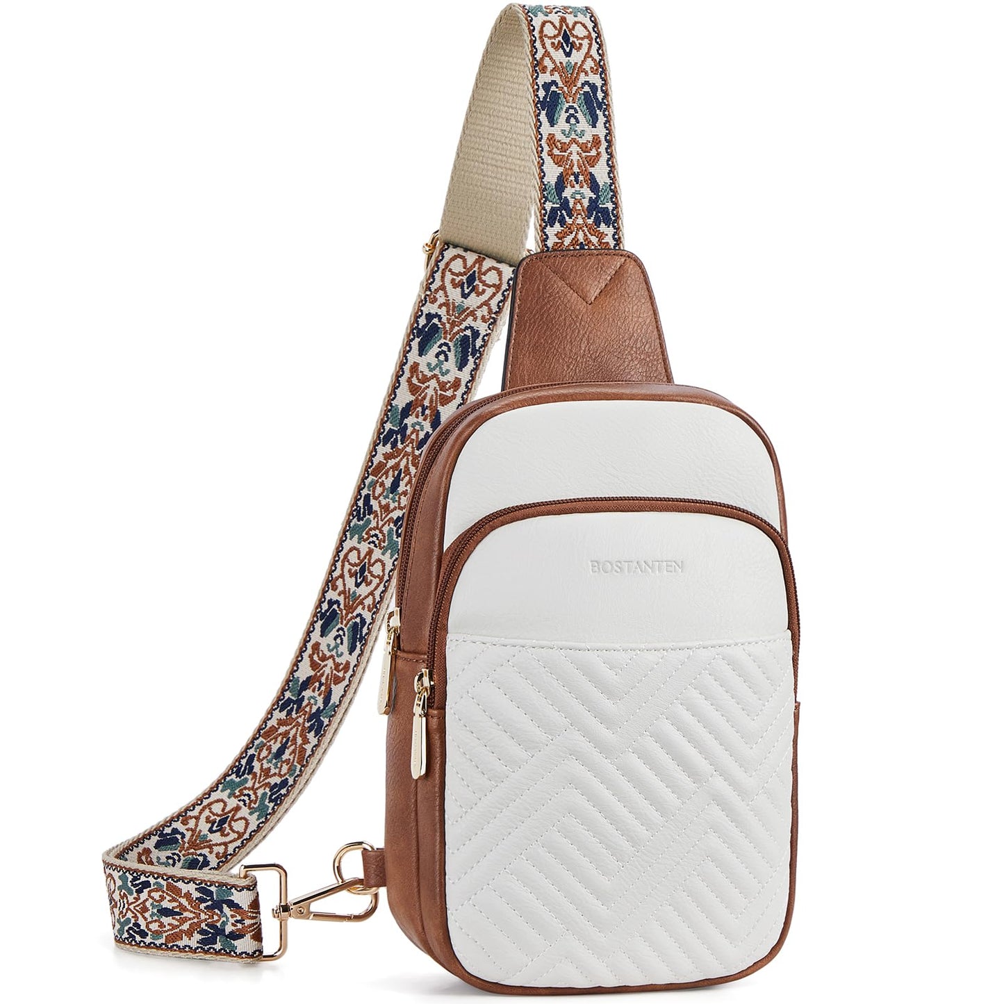 BOSTANTEN Sling Bag Quilted Crossbody Bags for Women Cross Body Purse Leather Fanny Pack with Adjustable Guitar Strap