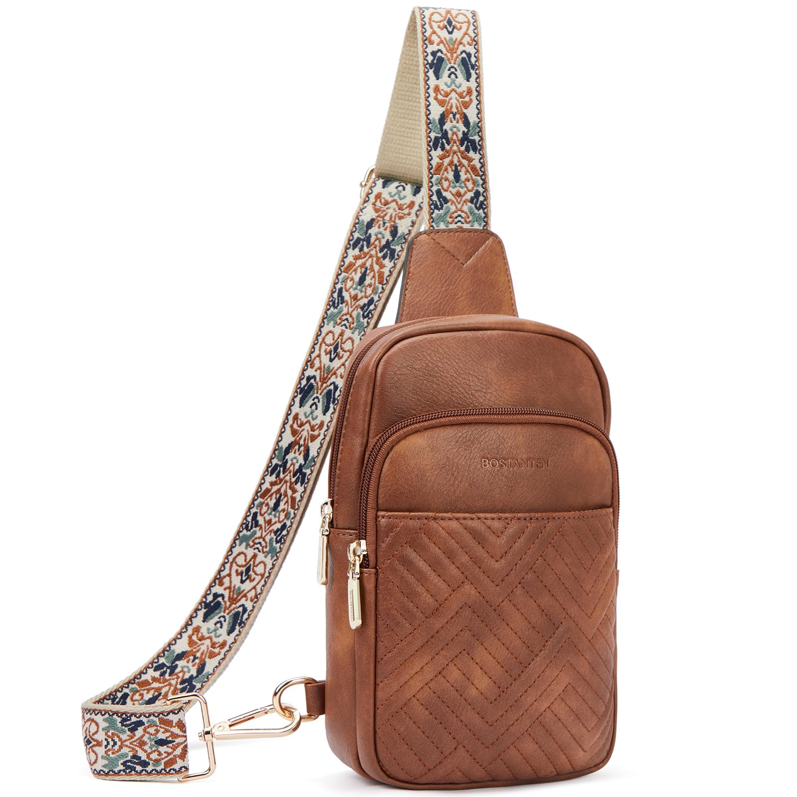 BOSTANTEN Sling Bag Quilted Crossbody Bags for Women Cross Body Purse Leather Fanny Pack with Adjustable Guitar Strap