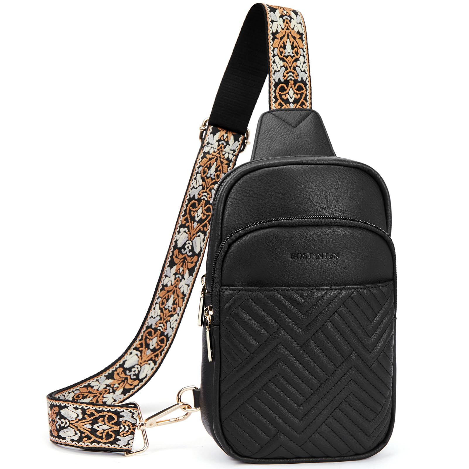 BOSTANTEN Sling Bag Quilted Crossbody Bags for Women Cross Body Purse Leather Fanny Pack with Adjustable Guitar Strap