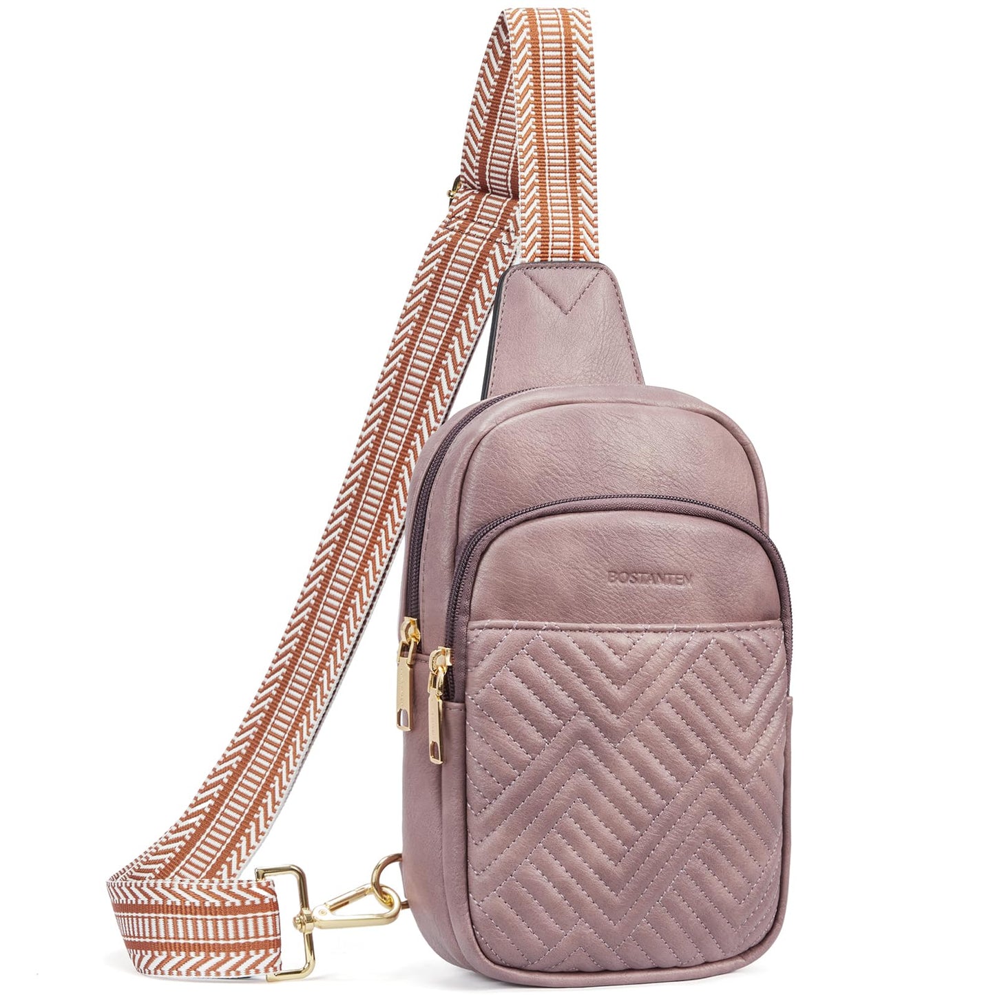 BOSTANTEN Sling Bag Quilted Crossbody Bags for Women Cross Body Purse Leather Fanny Pack with Adjustable Guitar Strap