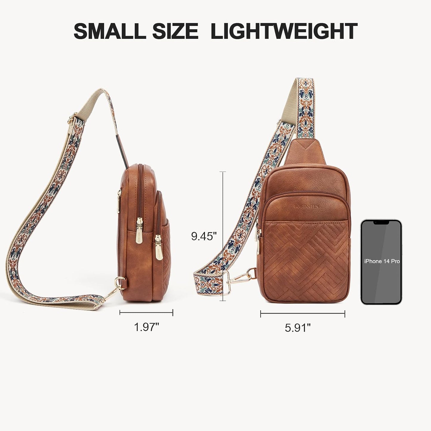 BOSTANTEN Sling Bag Quilted Crossbody Bags for Women Cross Body Purse Leather Fanny Pack with Adjustable Guitar Strap