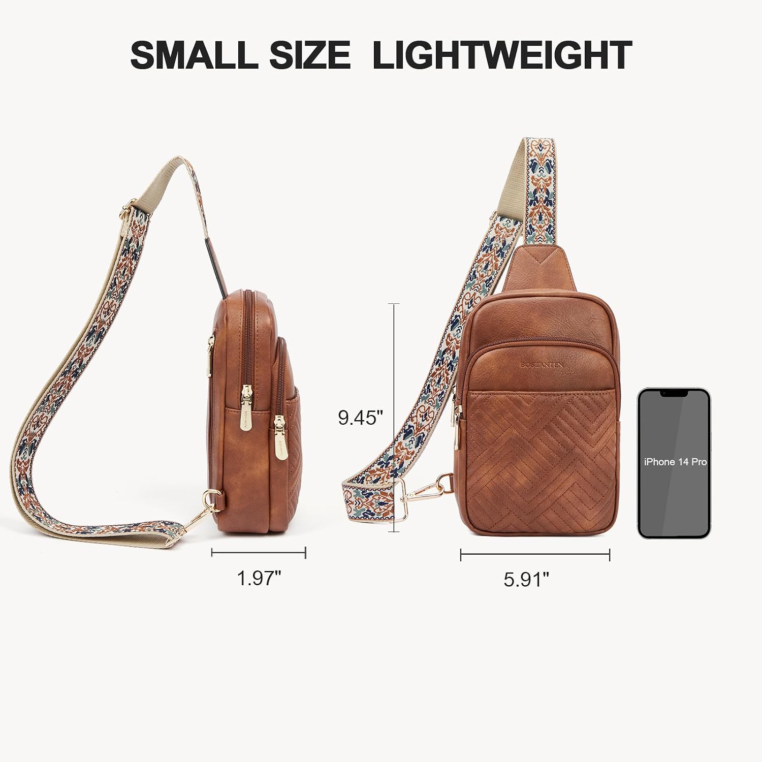 BOSTANTEN Sling Bag Quilted Crossbody Bags for Women Cross Body Purse Leather Fanny Pack with Adjustable Guitar Strap