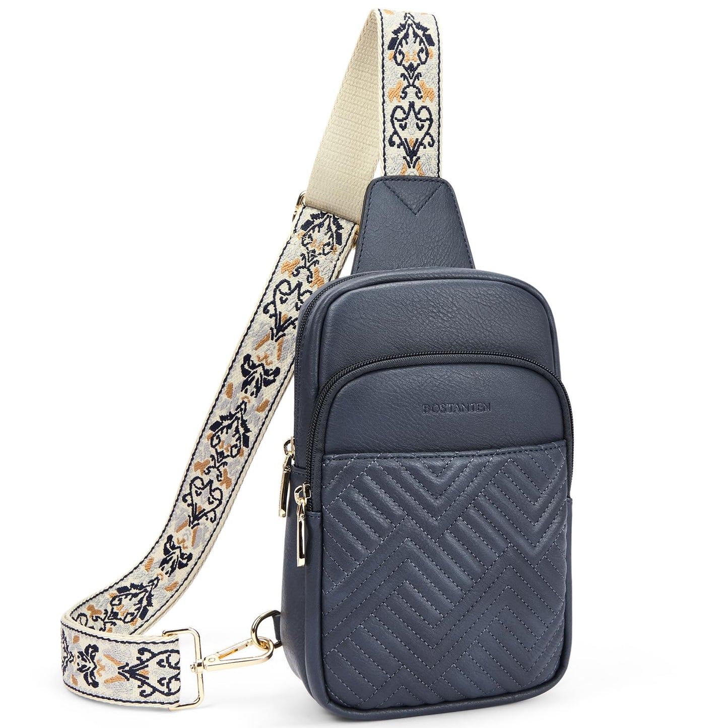 BOSTANTEN Sling Bag Quilted Crossbody Bags for Women Cross Body Purse Leather Fanny Pack with Adjustable Guitar Strap