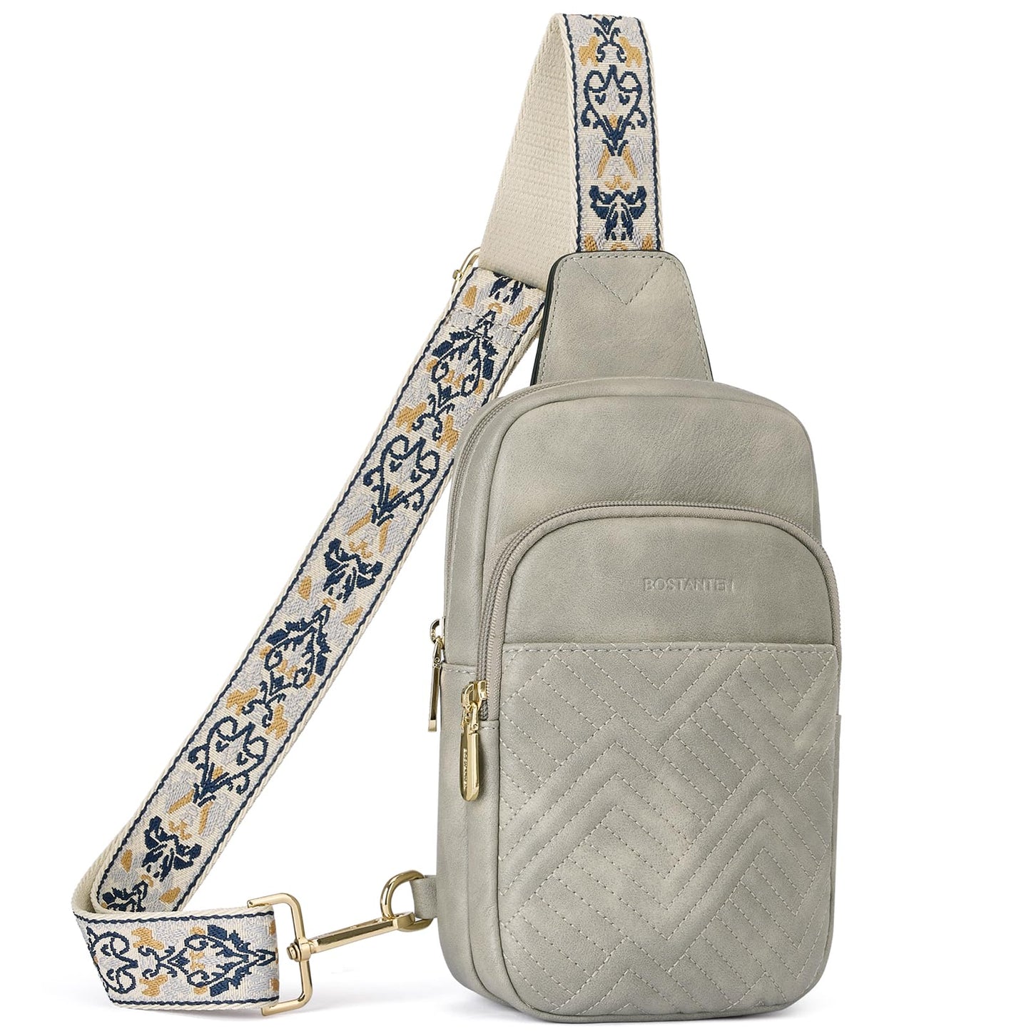 BOSTANTEN Sling Bag Quilted Crossbody Bags for Women Cross Body Purse Leather Fanny Pack with Adjustable Guitar Strap