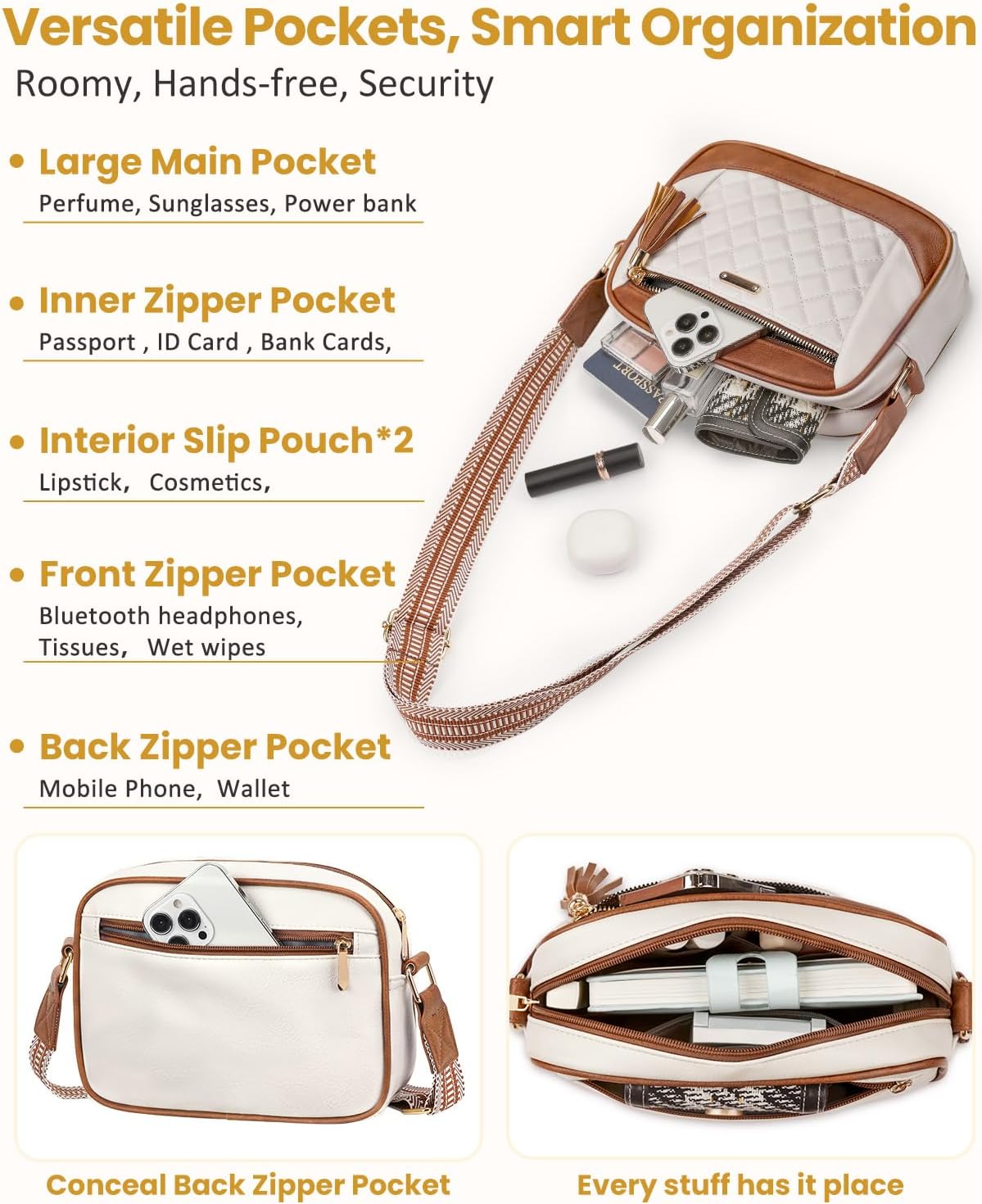 Tenot Quilted Crossbody Bags for Women Travel, Vegan Leather Crossbody Purses for Women Trendy Cross Body Bag