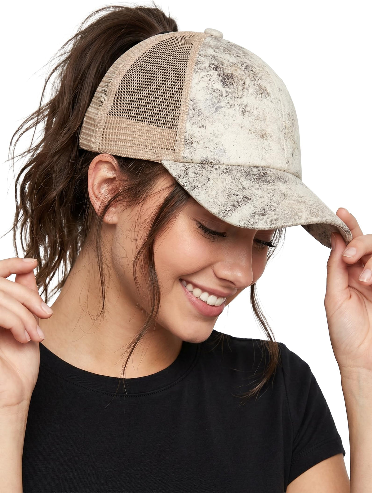 Funky Junque Ponytail Hat for Women - Baseball Cap with Adjustable Fit & High Pony Tail Criss Cross Back for Everyday Wear