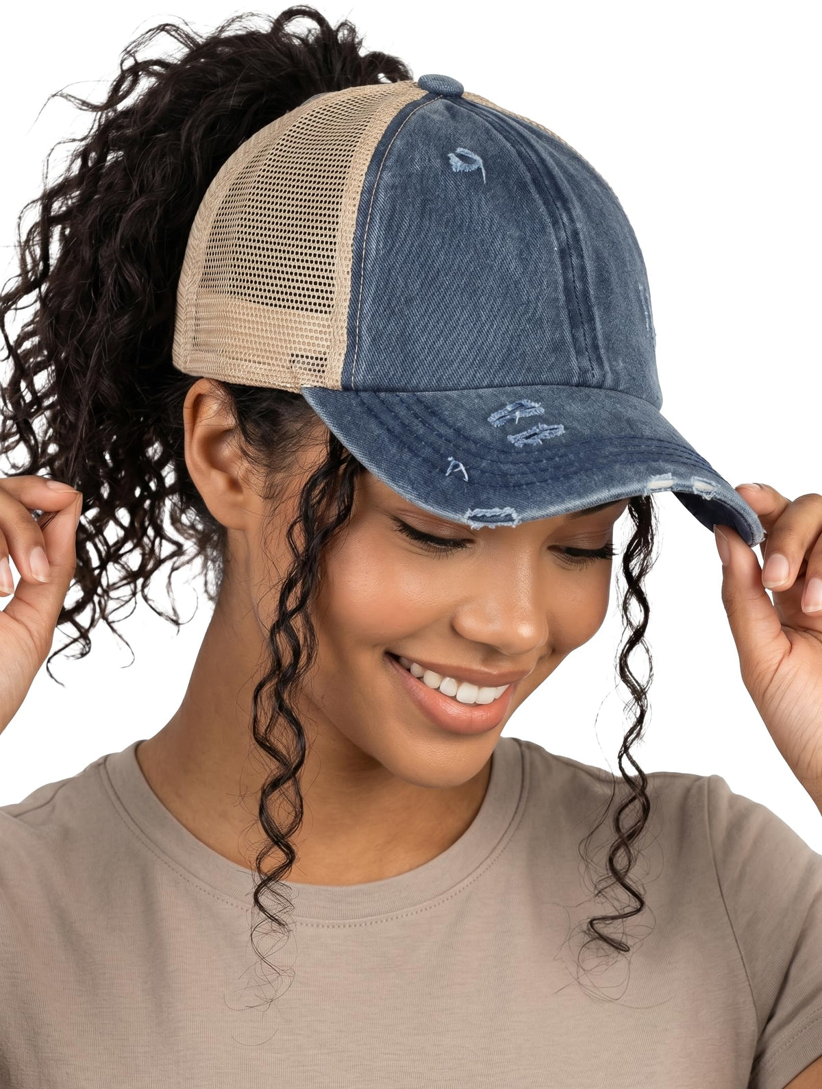Funky Junque Ponytail Hat for Women - Baseball Cap with Adjustable Fit & High Pony Tail Criss Cross Back for Everyday Wear