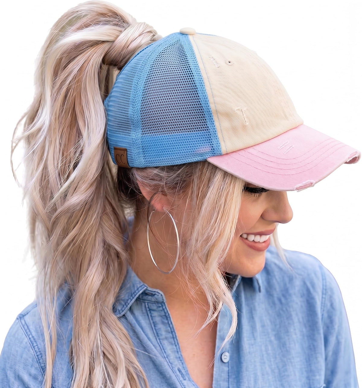 Funky Junque Ponytail Hat for Women - Baseball Cap with Adjustable Fit & High Pony Tail Criss Cross Back for Everyday Wear