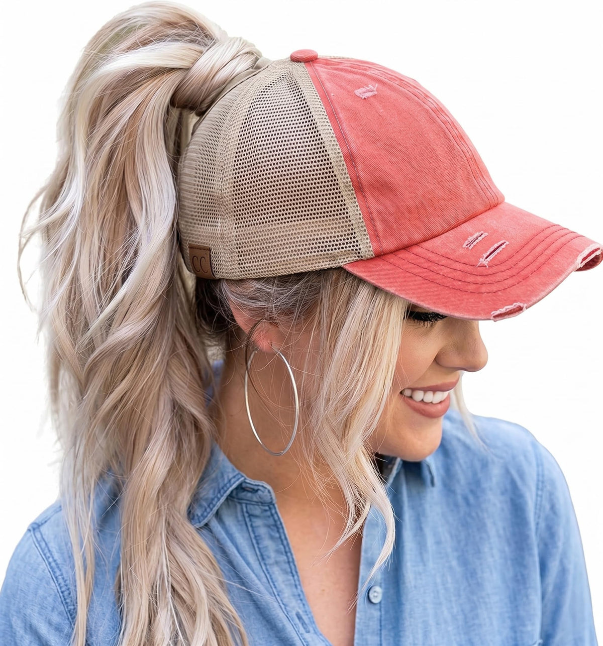 Funky Junque Ponytail Hat for Women - Baseball Cap with Adjustable Fit & High Pony Tail Criss Cross Back for Everyday Wear