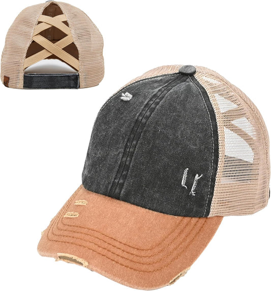 Funky Junque Ponytail Hat for Women - Baseball Cap with Adjustable Fit & High Pony Tail Criss Cross Back for Everyday Wear