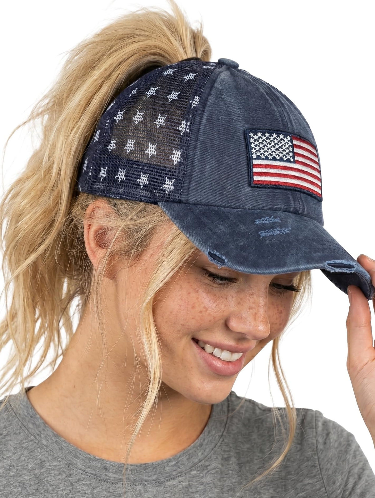 Funky Junque Ponytail Hat for Women - Baseball Cap with Adjustable Fit & High Pony Tail Criss Cross Back for Everyday Wear