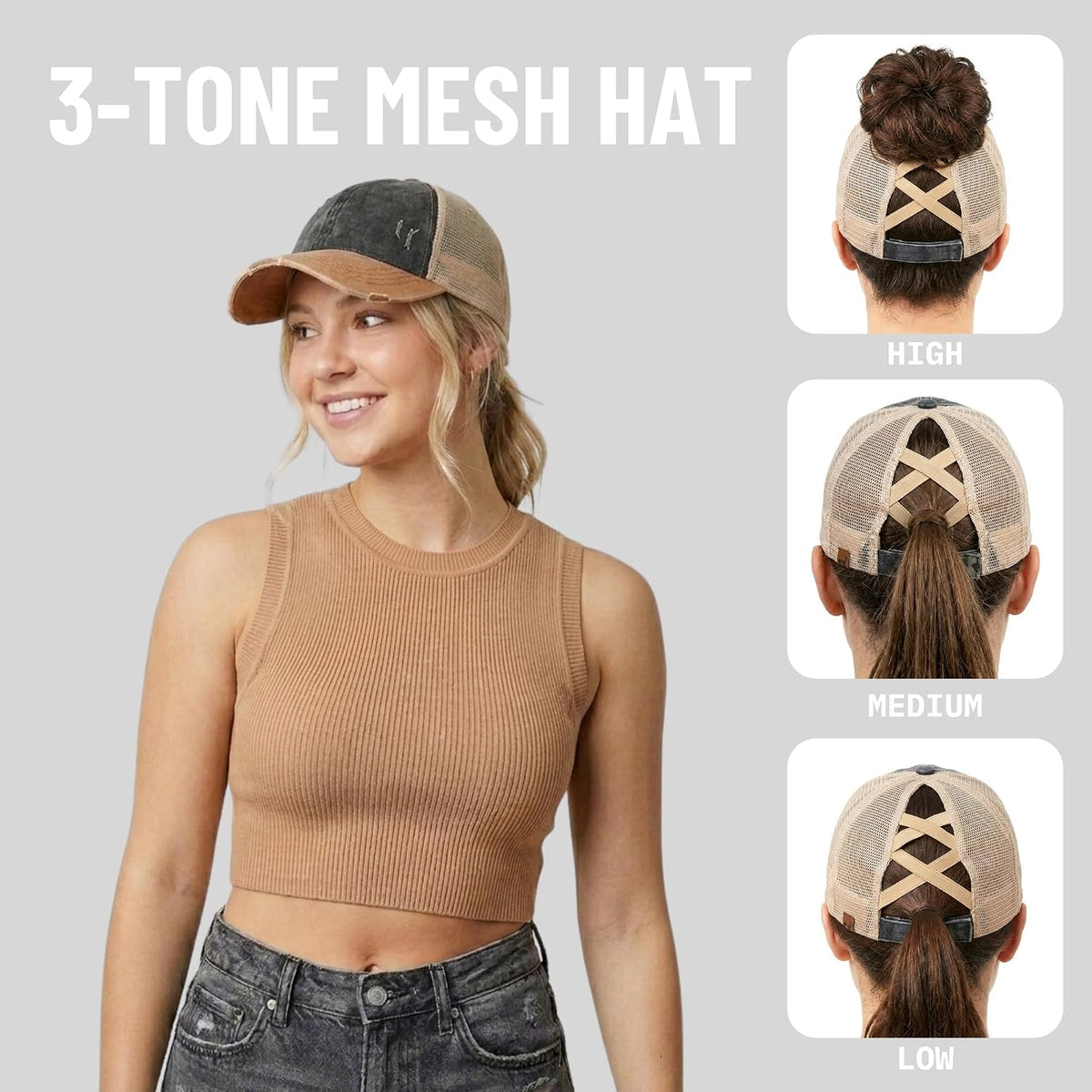 Funky Junque Ponytail Hat for Women - Baseball Cap with Adjustable Fit & High Pony Tail Criss Cross Back for Everyday Wear