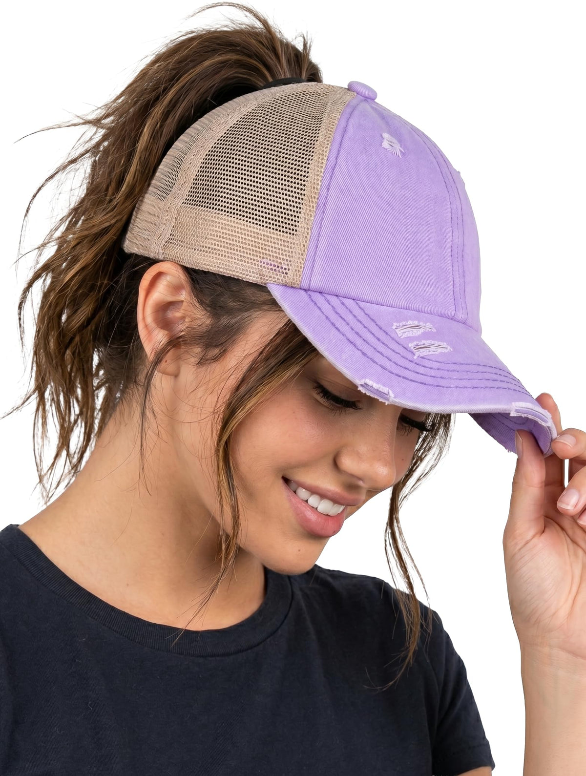 Funky Junque Ponytail Hat for Women - Baseball Cap with Adjustable Fit & High Pony Tail Criss Cross Back for Everyday Wear