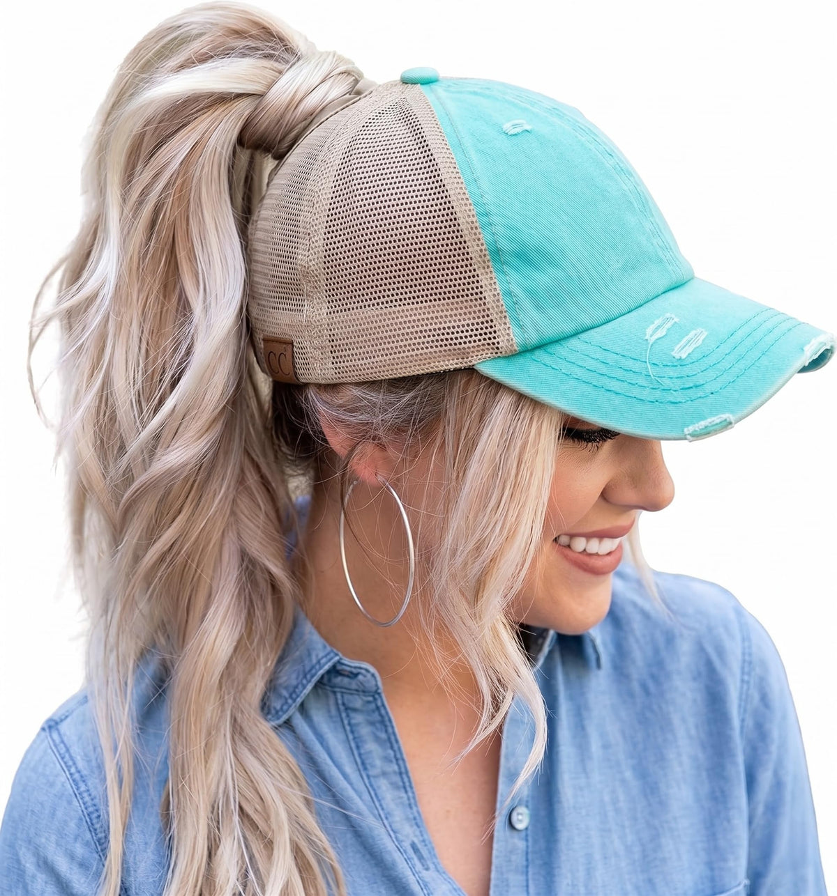 Funky Junque Ponytail Hat for Women - Baseball Cap with Adjustable Fit & High Pony Tail Criss Cross Back for Everyday Wear