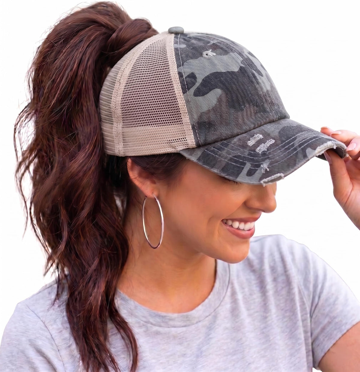 Funky Junque Ponytail Hat for Women - Baseball Cap with Adjustable Fit & High Pony Tail Criss Cross Back for Everyday Wear