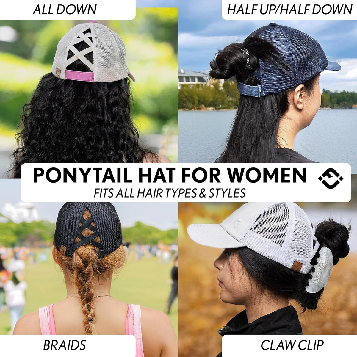 Funky Junque Ponytail Hat for Women - Baseball Cap with Adjustable Fit & High Pony Tail Criss Cross Back for Everyday Wear