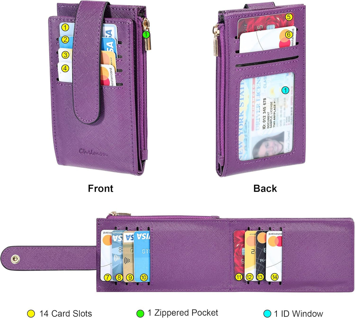 Chelmon Women's RFID Slim Card Holder Wallet: Thin Bifold with Multi-Card Case & Zipper Coin Pocket Purse (Deep Purple)