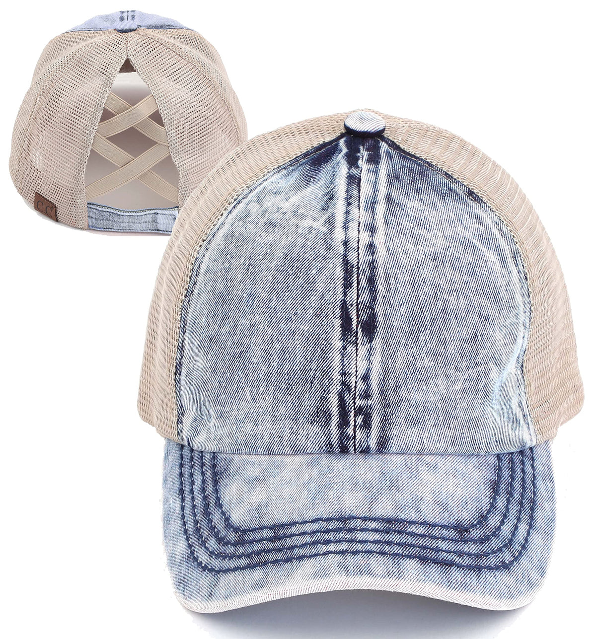 Funky Junque Ponytail Hat for Women - Baseball Cap with Adjustable Fit & High Pony Tail Criss Cross Back for Everyday Wear