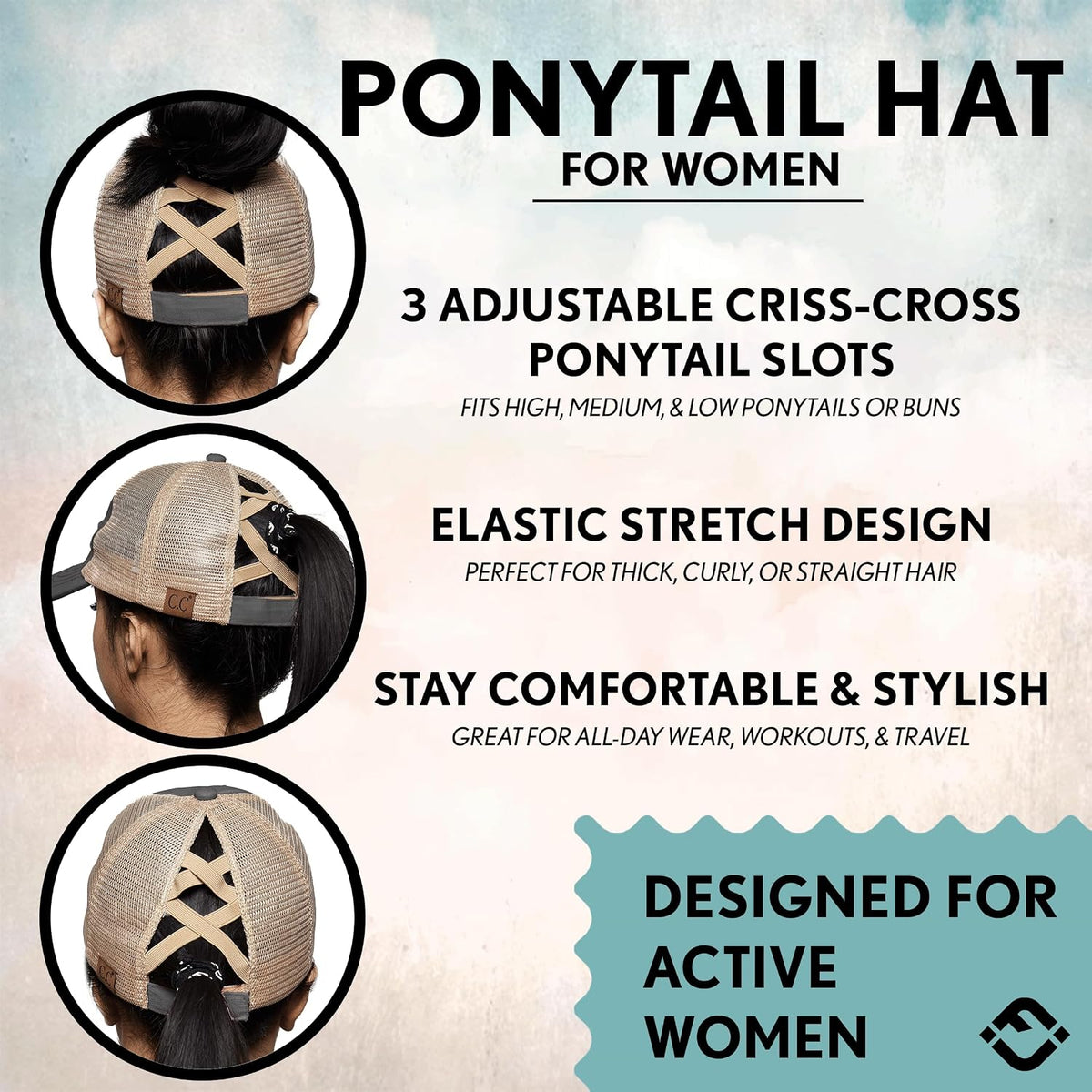 Funky Junque Ponytail Hat for Women - Baseball Cap with Adjustable Fit & High Pony Tail Criss Cross Back for Everyday Wear