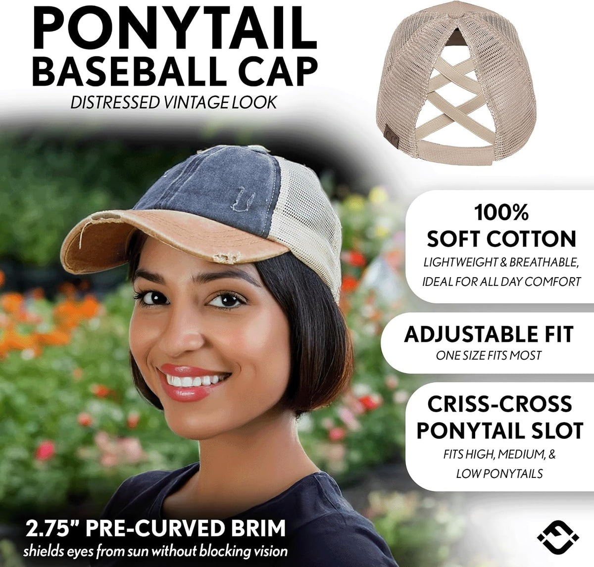 Funky Junque Ponytail Hat for Women - Baseball Cap with Adjustable Fit & High Pony Tail Criss Cross Back for Everyday Wear